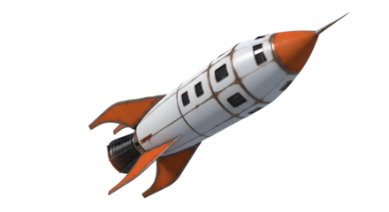 Retro white and orange rocket ship with metallic details and windows isolated on a transparent background