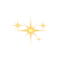 Golden sparkling starbursts with lens flare effects creating a magical glow isolated on transparent background