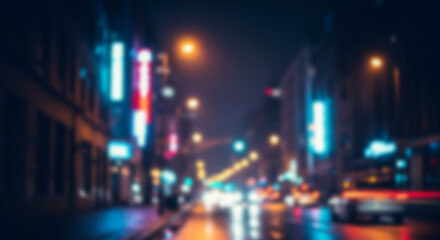 Blurred night city scene with bright neon lights and vehicle light trails. Ideal for dynamic urban-themed backgrounds, energy, or technology.