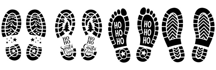 Collection of black santa claus footprints with christmas designs and ho ho ho text on white background