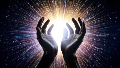 Hands Reaching Towards Glowing Light with Radiant Burst of Energy