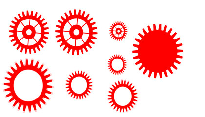 Gear setting vector icon set. Isolated Red gears mechanism and cog wheel on white background.
