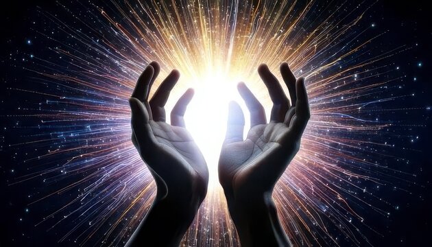 Hands Reaching Towards Glowing Light with Radiant Burst of Energy