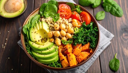 Healthy Buddha Bowl with Avocado, Quinoa, and Roasted Sweet Potato