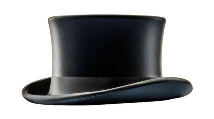 A tall black felt hat isolated on a white background, a vintage Victorian headwear for men, a formal cylinder cap with a brim, an old-fashioned gentleman accessory, a simple magician prop.