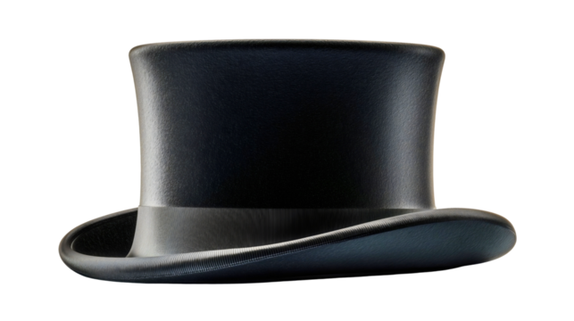 A tall black felt hat isolated on a white background, a vintage Victorian headwear for men, a formal cylinder cap with a brim, an old-fashioned gentleman accessory, a simple magician prop.
