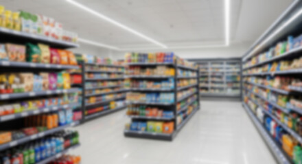 Blurred interior perspective  convenience store, with fully stocked aisles. Ideal for retail backgrounds, shopping, or web design focusing on convenience.