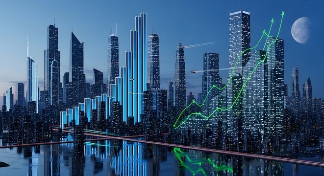 Futuristic City Skyline with Skyscrapers Shaped Like 3D Growth Bar Graphs - Powered by Adobe