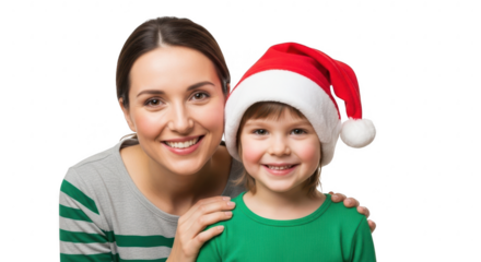 Mother and child wearing christmas hat, isolated on transparent background