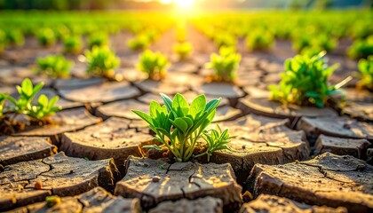 Hopeful green sprouts emerge from cracked dry earth under a warm golden sunset symbolizing resilience and new beginnings