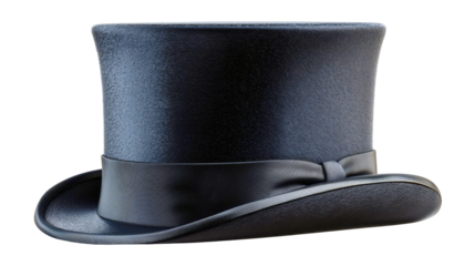 A shiny black cylinder hat isolated on a plain background, a retro gentleman headpiece, a classic magician accessory, a formal vintage top hat, an elegant fashion clothing item for a party.