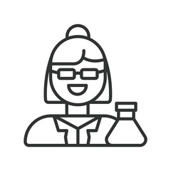 Female researcher icon in line design. female researcher, scientist professional, clinical investigator, study specialist on white background vector. Female researcher editable stroke icon