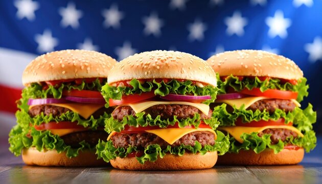 Juicy American Cheeseburgers on a US Flag Background