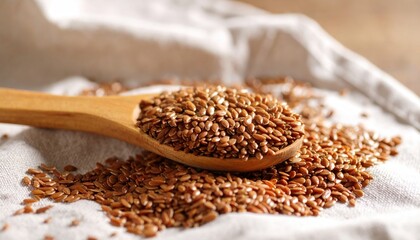 Macro Shot of Flaxseeds in Wooden Spoon on White Linen Cloth
