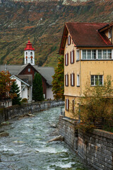 View of the old wooden houses in Andermatt, Switzerland.