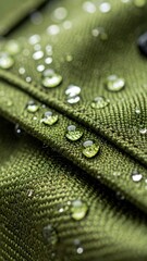 Macro shot of water droplets on green textured fabric with bokeh