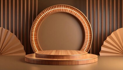 Luxurious Wooden Podium with Arch & Fan Decor - Product Display