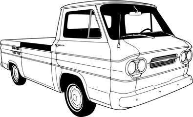 Black and White Line Art Illustration of a Classic Forward Control Pickup Truck, Vintage Compact Truck Line Drawing