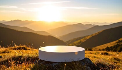 Minimalist Pedestal in Golden Mountain Landscape at Sunrise