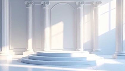 Minimalist White Podium with Classical Columns & Sunlit Shadows