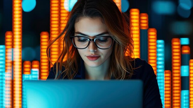Focused woman with glasses at laptop, neon bokeh city night data analytics and technology coding focus blends modern urban energy and determination