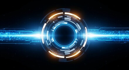 Neon blue and orange circular tech element on dark