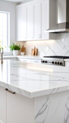 Modern White Kitchen Island with Marble Countertop and Sleek Cabinets