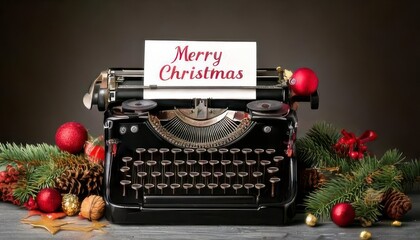 Vintage Typewriter with Merry Christmas Card and Festive Decorations