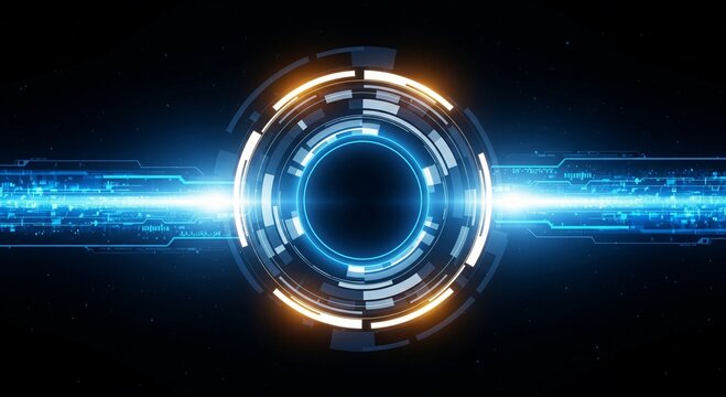 Neon blue and orange circular tech element on dark - Powered by Adobe