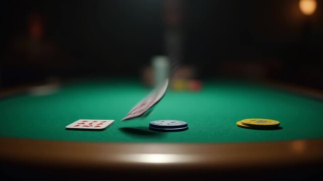 green felt for poker game in casino table with a polished wooden edge, ready for gambling. Blurred dark background provides a mysterious, atmospheric setting for poker or blackjack