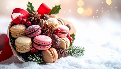 マカロンとチョコのクリスマスブーケ / Holiday bouquet of assorted macarons and chocolates with poinsettia and festive ribbon
