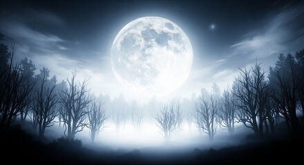 Fototapeta premium Eerie full moon over foggy forest with bare tree silhouette