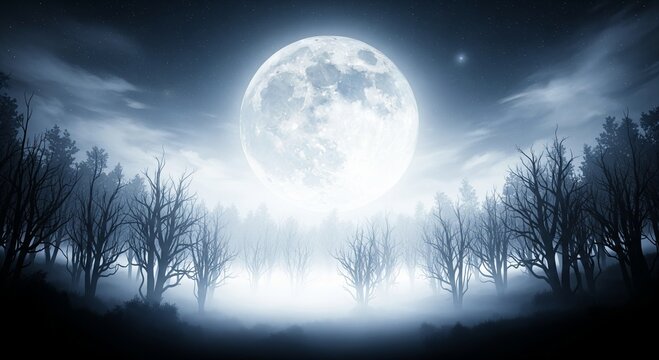 Eerie full moon over foggy forest with bare tree silhouette
