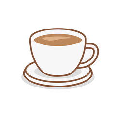 Obraz premium Stylized white ceramic cup of coffee with saucer and brown outline illustration