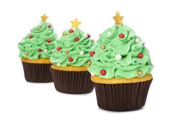 Christmas tree shaped cupcakes isolated on white