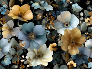 Fototapeta premium Chic and elegant seamless pattern with anemones and buttercups on vintage dark background