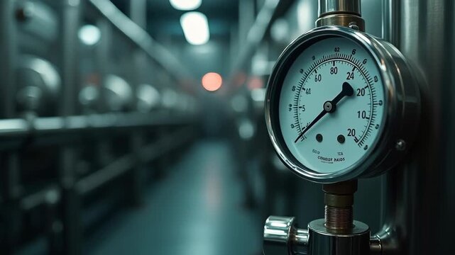 Industrial pressure gauge on pipes in factory. Metal dial measures fluid flow or steam. Control equipment in manufacturing plant. Safety monitoring system for process.