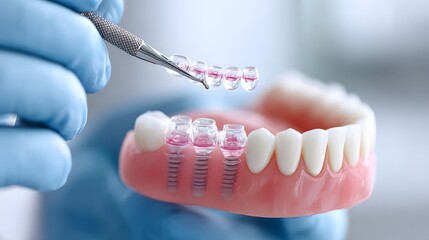 Close up of a dental professional assembling a multi tooth prosthetic implant bridge on a model showcasing advanced dentistry and oral health resto n
