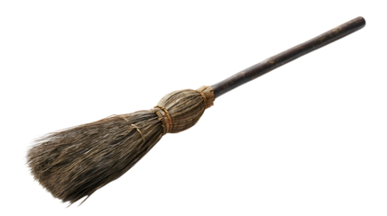 A dark magic broom isolated on a white background, a fantasy wizard vehicle for flight, a spooky Halloween decoration, a rustic twig sweeper, a fairy tale object for a sorcerer.