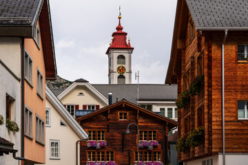 View of the old wooden houses in Andermatt, Switzerland.