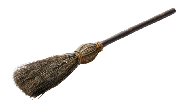 A dark magic broom isolated on a white background, a fantasy wizard vehicle for flight, a spooky Halloween decoration, a rustic twig sweeper, a fairy tale object for a sorcerer.