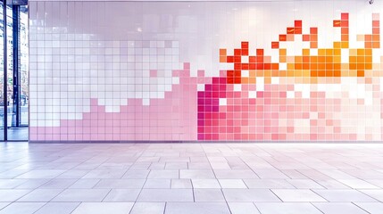 A contemporary interior space with a large tiled wall displaying a colorful pixelated pattern, transitioning from white to pink, orange, and red.