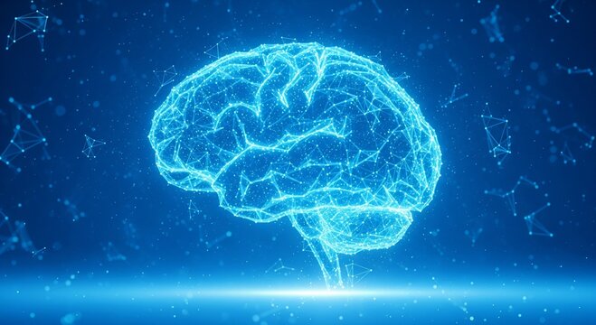 Digital glowing human brain made of connected data point