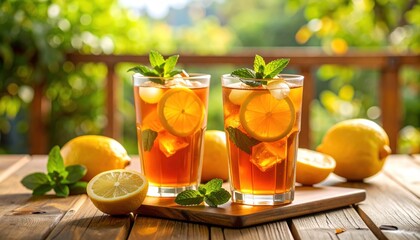 Refreshing Iced Tea with Lemon and Mint on Wooden Table, Summer Ref...
