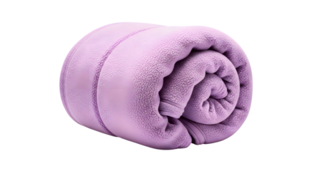 Rolled up soft purple fleece blanket with textured surface and stitched edges isolated on a transparent background