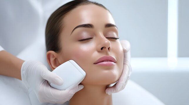 Close up of a woman enjoying a pampering facial treatment with a modern device highlighting skin wellness and a radiant complexion in a serene spa