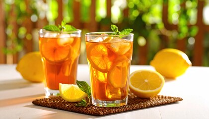 Refreshing Iced Tea with Lemon and Mint, Summer Outdoor Drink