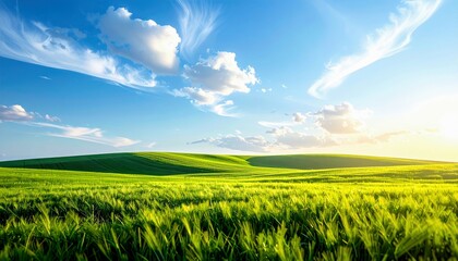 A vibrant landscape of lush green rolling hills under a bright blue sky filled with fluffy white clouds and the sun.