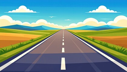 Scenic Country Road Journey Through Rolling Hills and Blue Sky