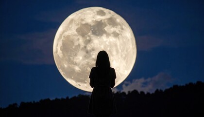 Silhouette of Woman Gazing at Giant Full Moon in Night Sky